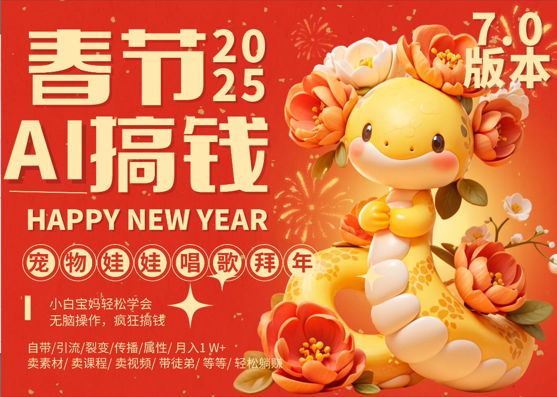 AI春节搞钱7.0升级版 蝴蝶号超火爆萌宠唱歌拜年  AI一键制作 批量出内容   春节做轻松躺赚 每日轻松十分钟  月赚米1W+  抓紧冲！可做视频 可卖素材只带小白和宝妈！-墨痕微课