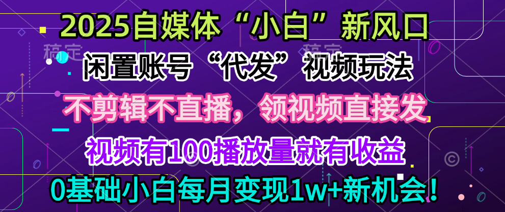 2025每月躺赚5w+新机会,闲置视频账号一键代发玩法,0粉不实名不剪辑,领了视频直接发,0基础小白也能日入300+-墨痕微课