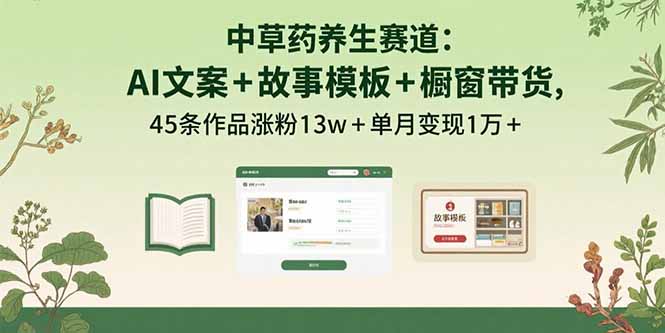 中草药养生赛道:AI文案+故事模板+橱带货,45条作品涨粉13w+单月变现1万+-墨痕微课