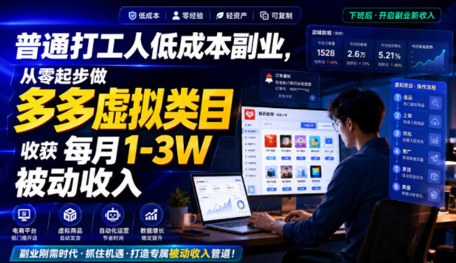 普通打工人低成本副业,从零起步做多多虚拟类目,收获每月1-3W被动收入【揭秘】-墨痕微课