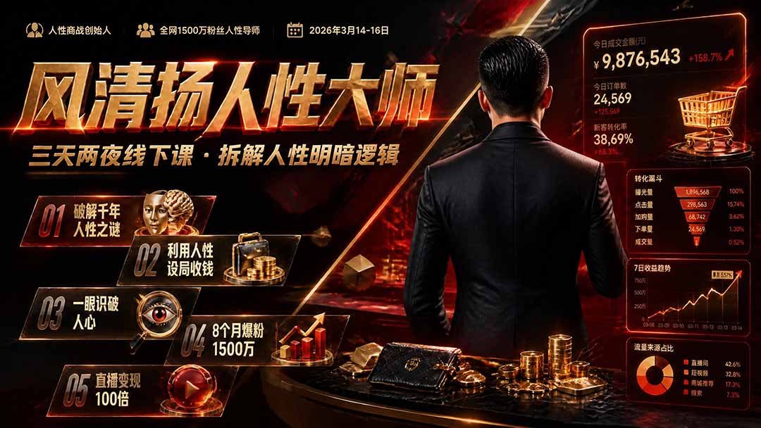 风清扬人性大师-三天两夜3月14-16线下课2026年|拆解人性明暗逻辑,识人避坑,千万粉涨粉+直播百倍变现实战教学-墨痕微课