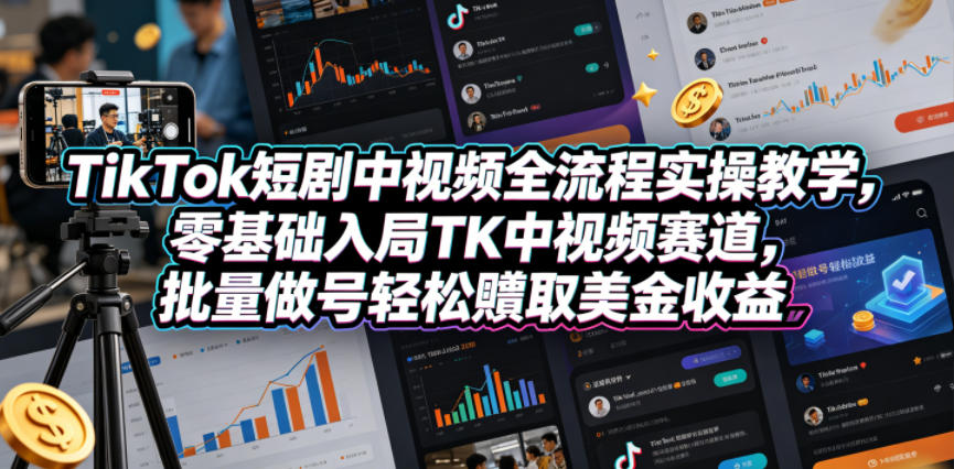 TikTok短剧中视频全流程实操教学,零基础入局TK中视频赛道,批量做号轻松賺取美金收益-墨痕微课