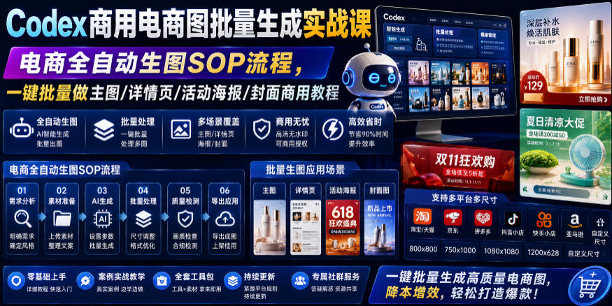 Codex商用电商图批量生成实战课｜电商全自动生图SOP流程，一键批量做主图/详情页/活动海报/封面商用教程-墨痕微课