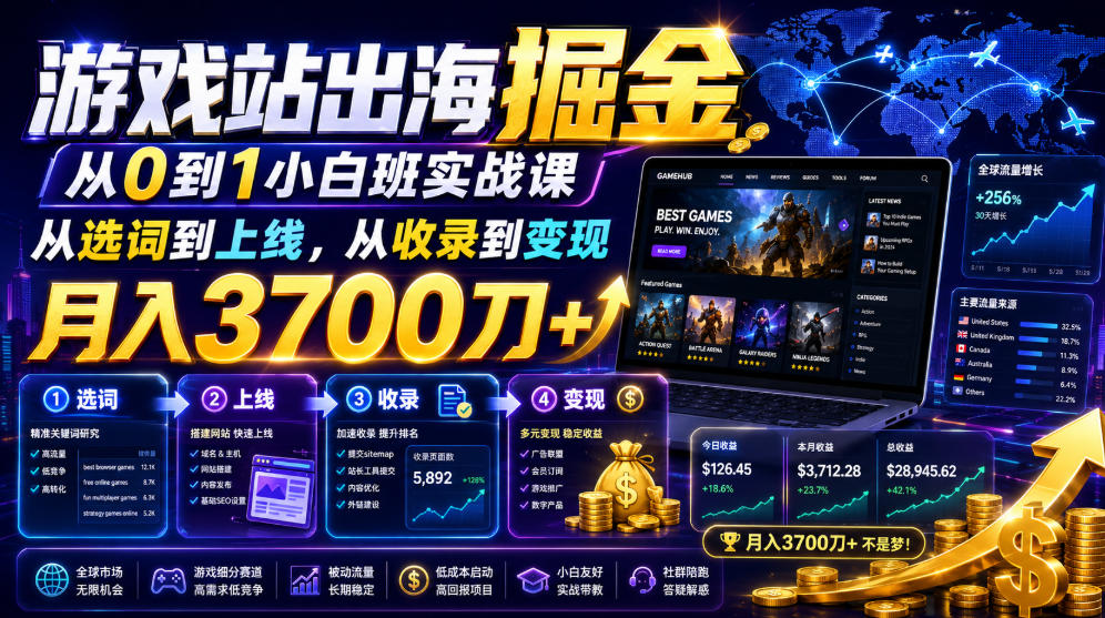 游戏站出海掘金从0到1小白实战课,从选词到上线,从收录到变现,月入3700刀+-墨痕微课