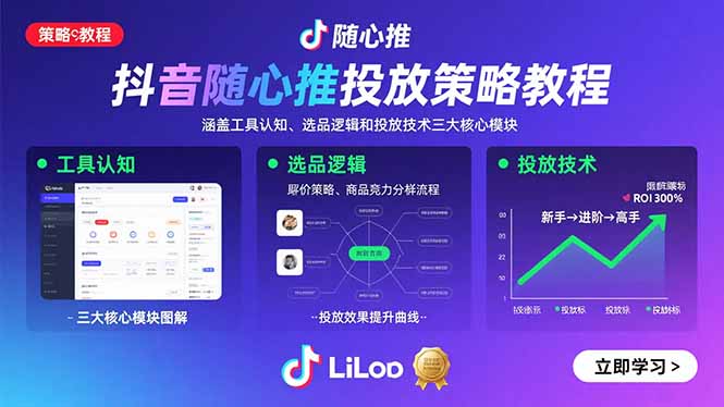 抖音随心推投放策略教程:涵盖工具认知、选品逻辑和投放技术三大核心模块-墨痕微课
