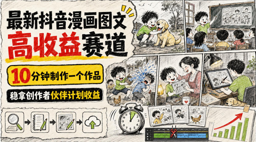 最新抖音漫画图文高收益赛道,10分钟制作一个作品,稳拿创作者伙伴计划收益-墨痕微课