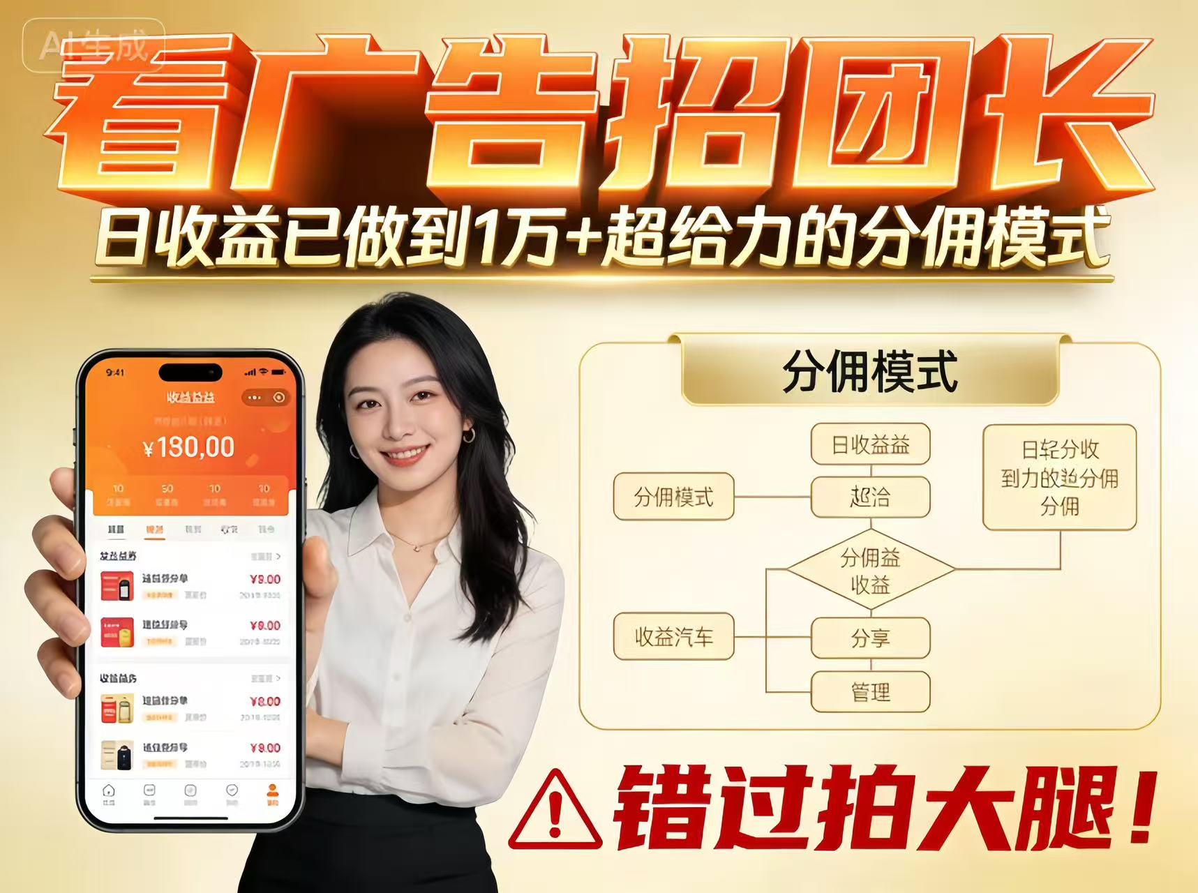 看广告招团长，团队收益已做到日入1万，分佣模式超给力，错过拍大腿-墨痕微课