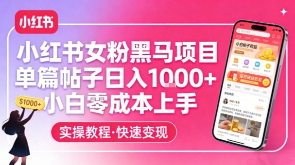 小红书女粉黑马项目,单篇帖子日入1k+,小白零成本上手-墨痕微课