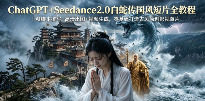 ChatGPT+Seedance2.0白蛇传国风短片全教程｜AI脚本撰写+高清出图+视频生成，零基础打造古风原创影视短片-墨痕微课