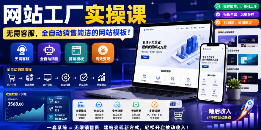 网站工厂实操课,无需客服,网站模板自动赚钱!【原创双语字幕】-墨痕微课