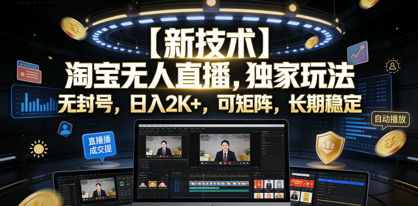 【新技术】淘宝无人直播，独家玩法，无封号，日入2K+，可矩阵，长期稳定【揭秘】-墨痕微课