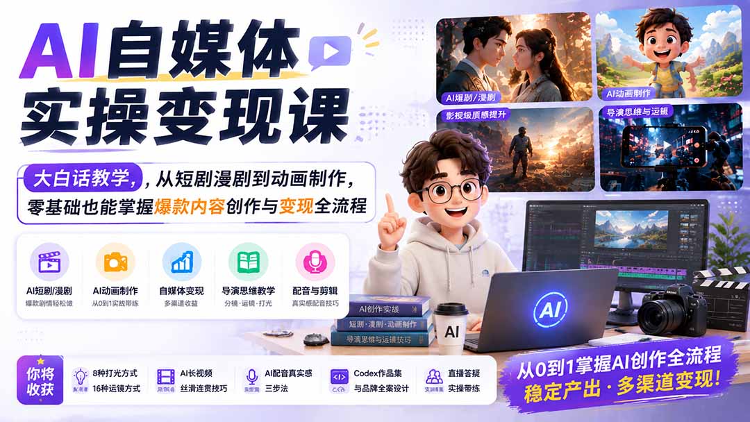 AI自媒体实操变现课|大白话教学,从短剧漫剧到动画制作,零基础也能掌握爆款内容创作与变现全流程-墨痕微课