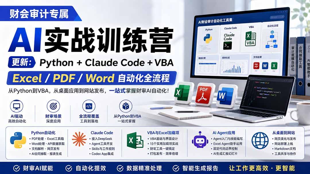 财会审计专属 AI实战训练营：Python+Claude Code+VBA，Excel/PDF/Word自动化全流程 (更新-墨痕微课