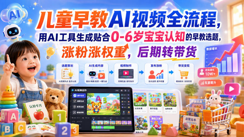 儿童早教AI视频全流程，用AI工具生成贴合0-6岁宝宝认知的早教选题，涨粉涨权重，后期转带货-墨痕微课