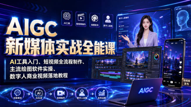 AIGC新媒体实战全能课｜AI工具入门、短视频全流程制作、主流绘图软件实操、数字人商业视频落地教程-墨痕微课