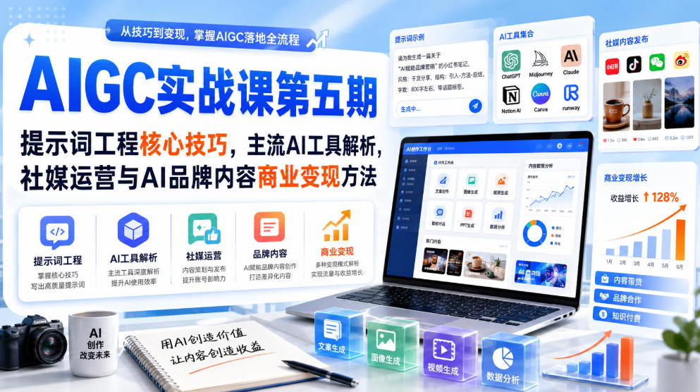 刺猬星球·AIGC实战课第五期，提示词工程核心技巧，主流AI工具解析，社媒运营与AI品牌内容商业变现方法-墨痕微课