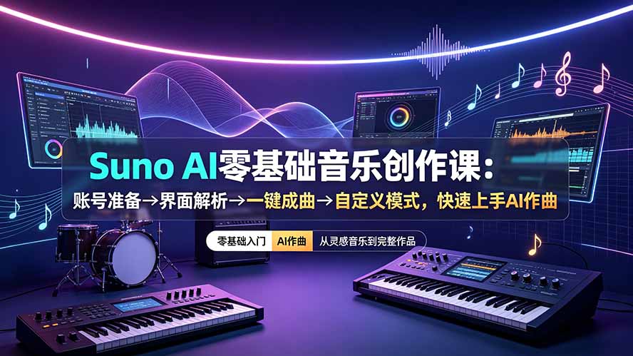 Suno AI零基础音乐创作课：账号准备→界面解析→一键成曲→自定义模式，快速上手AI作曲-墨痕微课