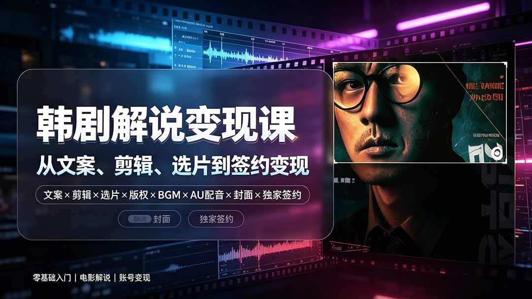 抖音270W粉丝博主亲授韩剧解说课：文案×剪辑×选片×版权×BGM×AU配音×封面×独家签约，零基础到变现-墨痕微课
