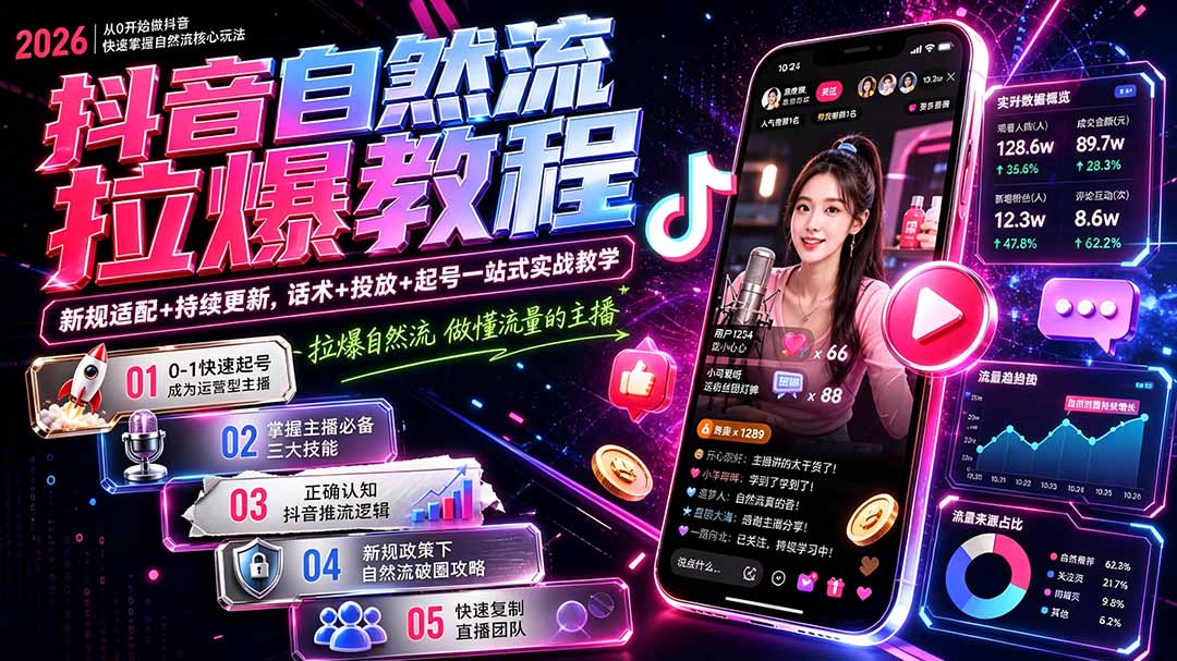 抖音自然流拉爆教程-更新7月:做懂流量的主播,新规适配+持续更新,话术+投放+起号一站式实战教学-墨痕微课