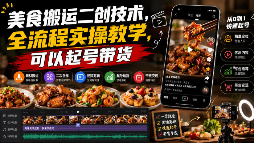 美食搬运二创技术,全流程实操教学,可以起号带货-墨痕微课