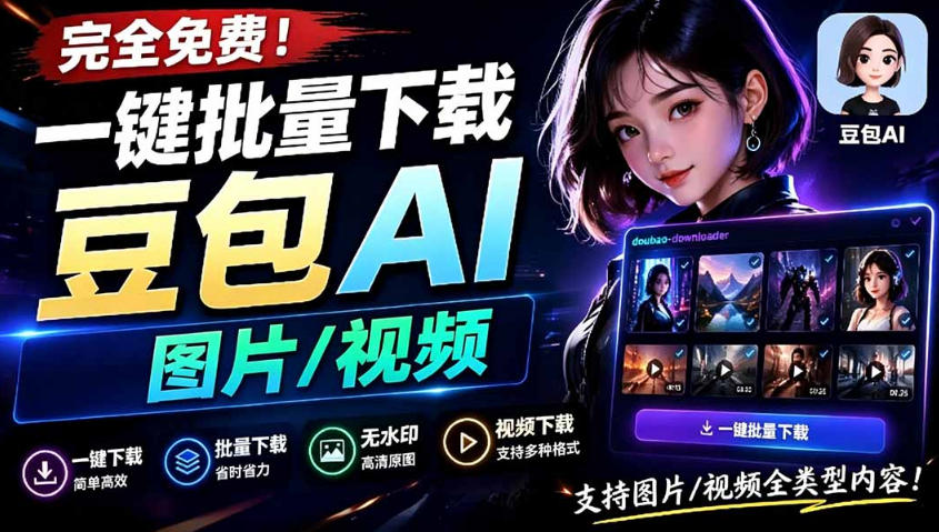 Github最新发布!一键批量下载豆包AI无水印图片/视频,简单易用,自动解析提示词-墨痕微课