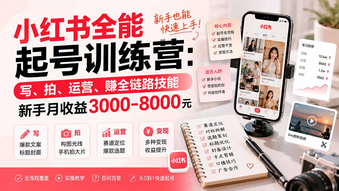 小红书全能起号训练营-更新：写、拍、运营、赚全链路技能，新手月收益3000-8000元-墨痕微课