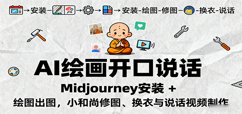 AI绘画开口说话,Midjourney安装 + 绘图出图,小和尚修图、换衣与说话视频制作-墨痕微课