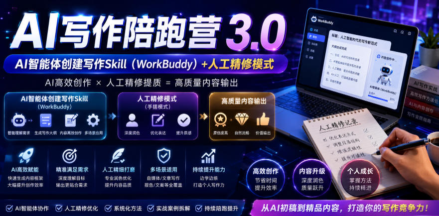 AI写作陪跑营3.0,Ai智能体创建写作skill(workbuddy)+人工手写模式(手搓模式),去除AI痕迹(头条号、公众号、百家号)(更新0806)-墨痕微课