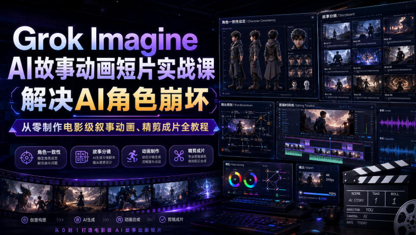 Grok Imagine AI故事动画短片实战课｜解决AI角色崩坏，从零制作电影级叙事动画、精剪成片全教程(中英字幕)-墨痕微课