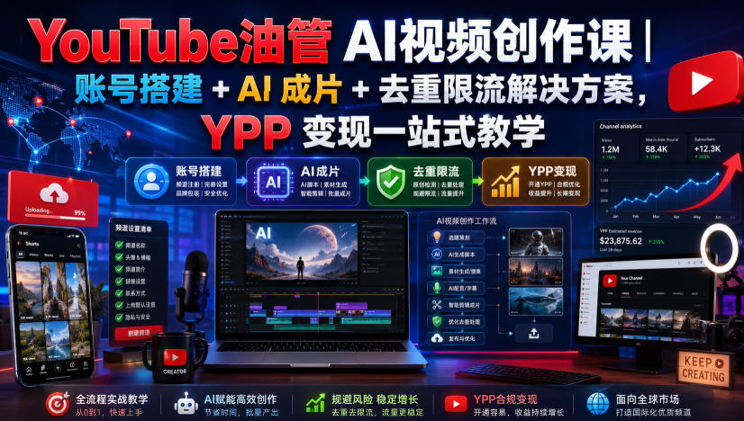 YouTube油管AI视频创作课|账号搭建+AI成片+去重限流解决方案,YPP变现一站式教学(更新0809)-墨痕微课