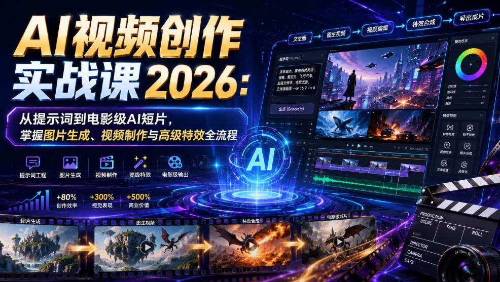 AI视频创作实战课2026:从提示词到电影级AI短片,掌握图片生成、视频制作与高级特效全流程-墨痕微课