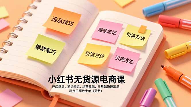 小红书无货源电商课，开店选品、笔记搬运、运营变现，零基础快速出单，稳定日销数十单(更新-墨痕微课