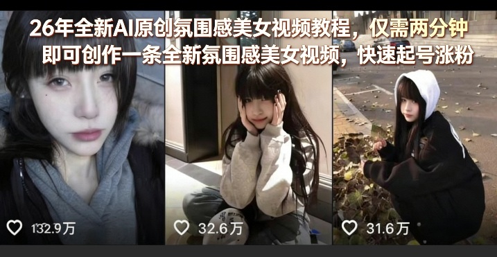 26年全新AI原创氛围感美女视频教程，仅需两分钟即可创作一条全新氛围感美女视频，快速起号涨粉-墨痕微课