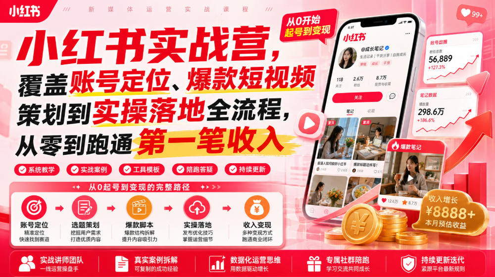小红书实战营，覆盖账号定位、爆款短视频策划到实操落地全流程，从零到跑通第一笔收入-墨痕微课