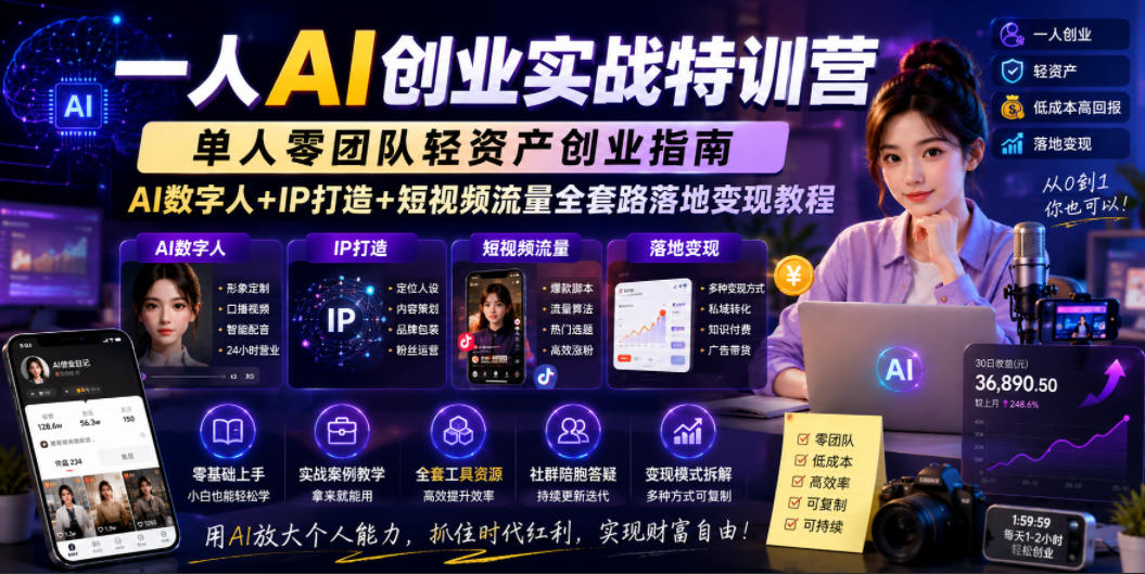 一人AI创业实战特训营，单人零团队轻资产创业指南，AI数字人+IP打造+短视频流量全套路落地变现教程-墨痕微课
