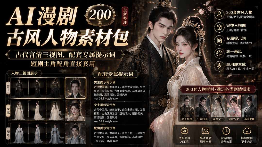 AI漫剧古风人物素材包+提示词|200 套古代言情三视图,配套专属提示词短剧主角配角直接套用-墨痕微课