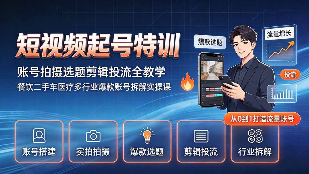 短视频起号特训|账号拍摄选题剪辑投流全教学,餐饮二手车医疗多行业爆款账号拆解实操课-墨痕微课