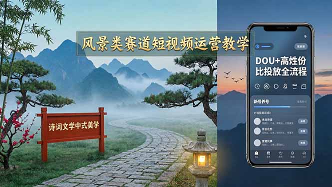 风景类赛道短视频运营教学：诗词文学中式美学，新号养号对标账号定位，DOU+高性价比投放全流程-墨痕微课