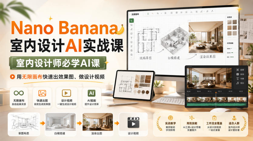 Nano Banana室内设计AI实战课,室内设计师必学AI课,用无限画布快速出效果图、做设计视频-墨痕微课