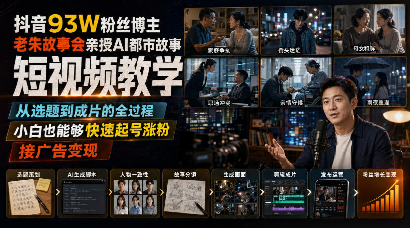 抖音93W粉丝博主老朱故事会亲授AI都市故事短视频教学，从选题到成片的全过程，小白也能够快速起号涨粉接广告变现-墨痕微课