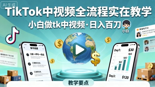 TikTok中视频全流程实操教学,小白做tk中视频,日入百刀-墨痕微课