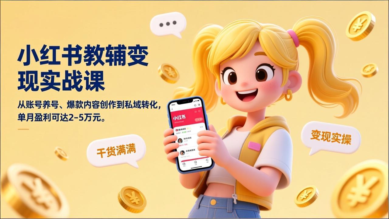 小红书教辅变现实战课，从账号养号、爆款内容创作到私域转化，单月盈利可达2-5万元-墨痕微课