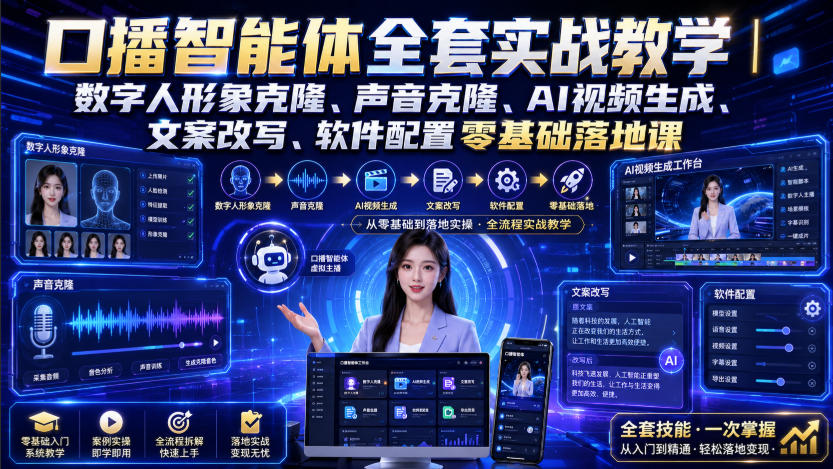 口播智能体全套实战教学｜数字人形象克隆、声音克隆、AI视频生成、文案改写、软件配置零基础落地课-墨痕微课