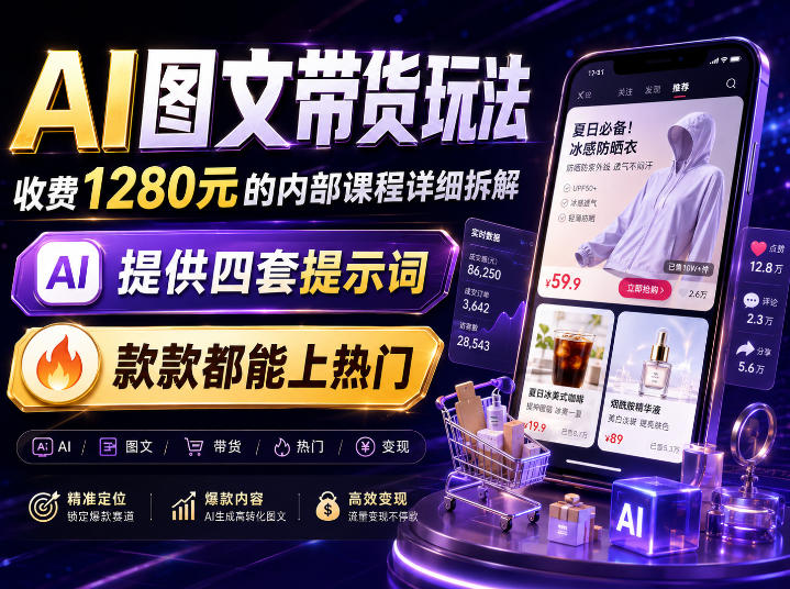 AI图文带货内部玩法,1280内部课程对外系统拆解,看完直接上手变现!-墨痕微课