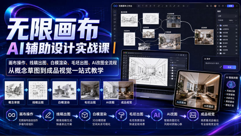 无限画布AI辅助设计实战课|画布操作、线稿出图、白模渲染、毛坯出图、AI改图全流程,从概念草图到成品视觉一站式教学-墨痕微课