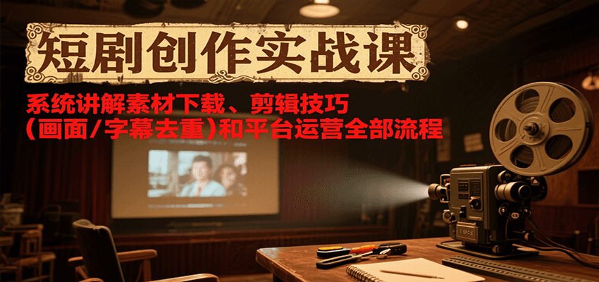 短剧创作实战课，系统讲解素材下载、剪辑技巧(画面/字幕去重)和平台运营全部流程-墨痕微课