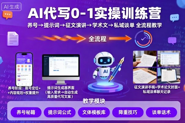 AI代写0-1实操训练营,从养号、提示词、征文演讲、学术文,到私域谈单的全流程教学-墨痕微课