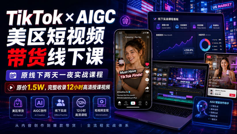 TikTok×AIGC美区短视频带货线下课,原线下两天一夜实战课程,原价1.5W,完整收录12小时高清授课视频-墨痕微课