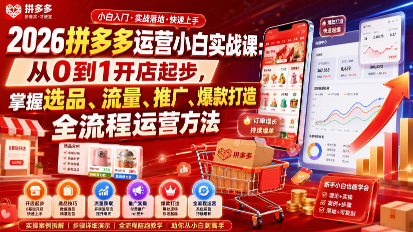 2026拼多多运营小白实战课：从0到1开店起步，掌握选品、流量、推广、爆款打造全流程运营方法-墨痕微课