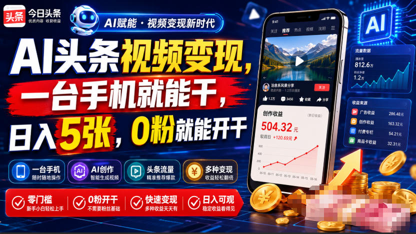 AI头条视频变现，一台手机就能干，日入5张，0粉就能开干-墨痕微课